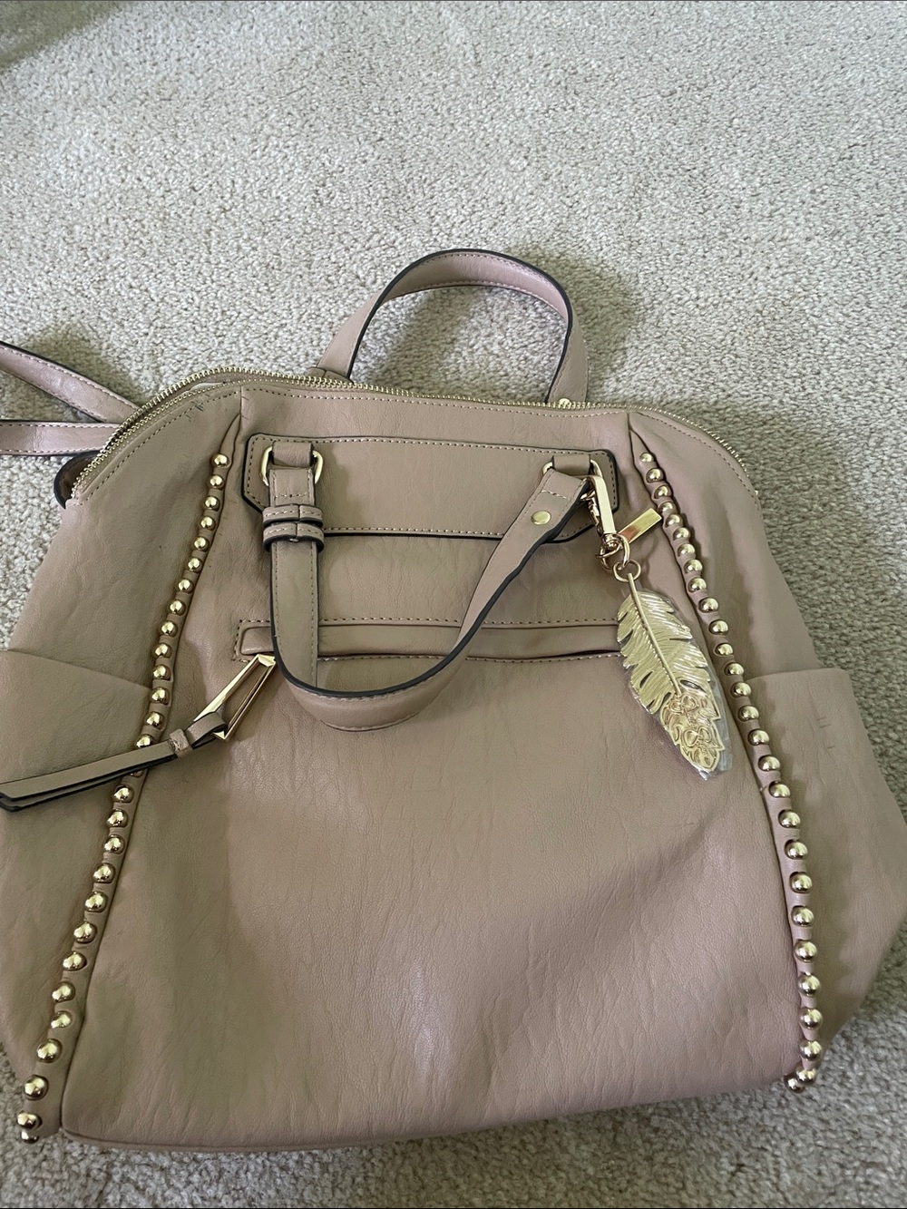 Jessica Simpson Stylish Taupe Women’s Tote with Gold Feather Charm